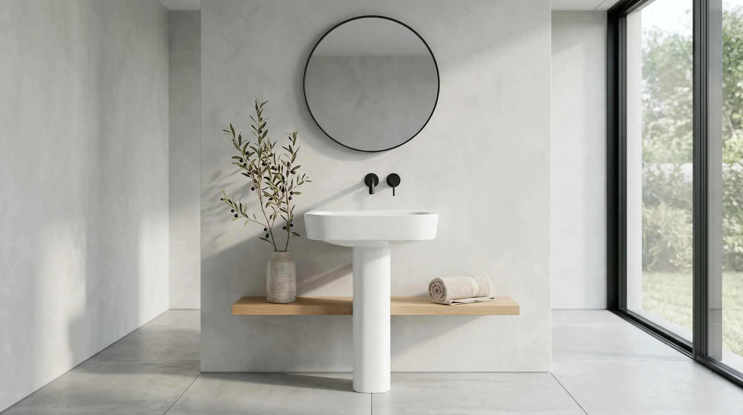 Commercial grade white ceramic pedestal sink manufactured for hotel and real estate development projects