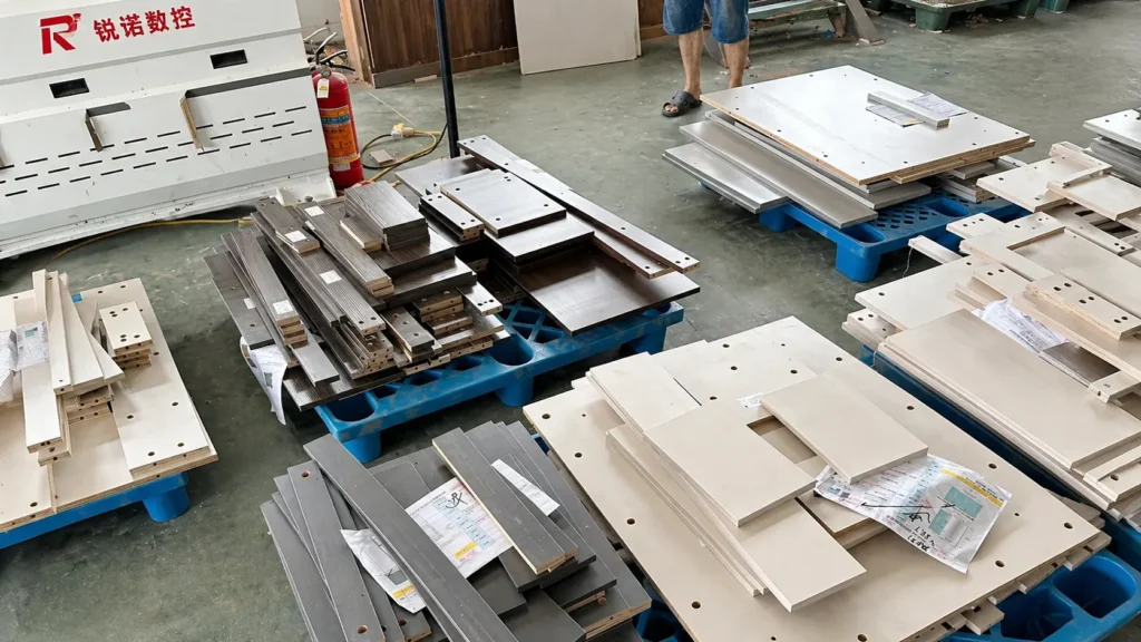 Pre-cut, varied-finish wood panels for bulk custom vanities on pallets, within an operational factory environment.