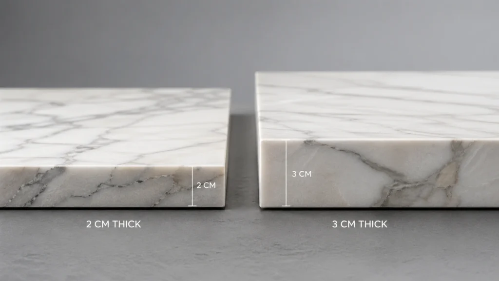 Side-by-side 2cm and 3cm white marble vanity slab thickness comparison for commercial hotel project cost optimization.