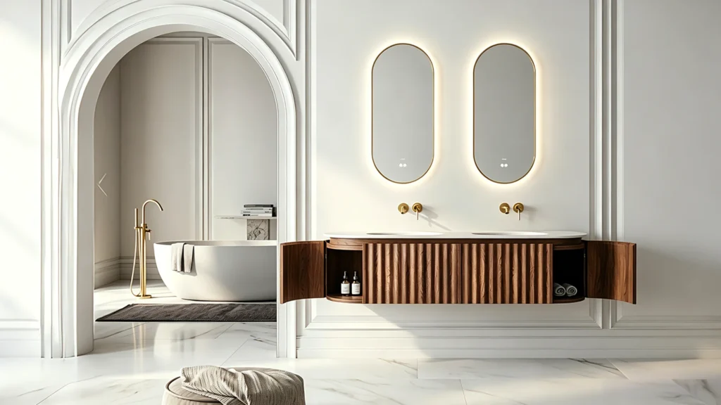 Wall-mounted dark fluted wood double vanity, marble countertop, open curved end shelves showing amenities. Above, backlit oval mirrors and gold fixtures.