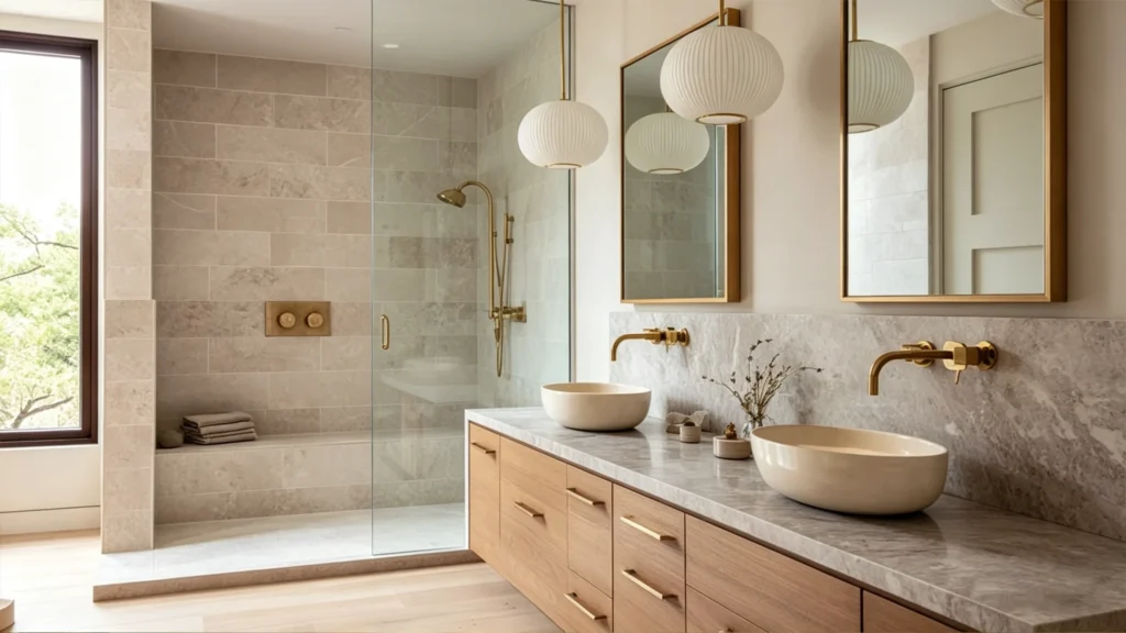 Solid oak double vanity with marble top and gold fixtures in a luxury hotel bathroom, built for USA commercial durability.