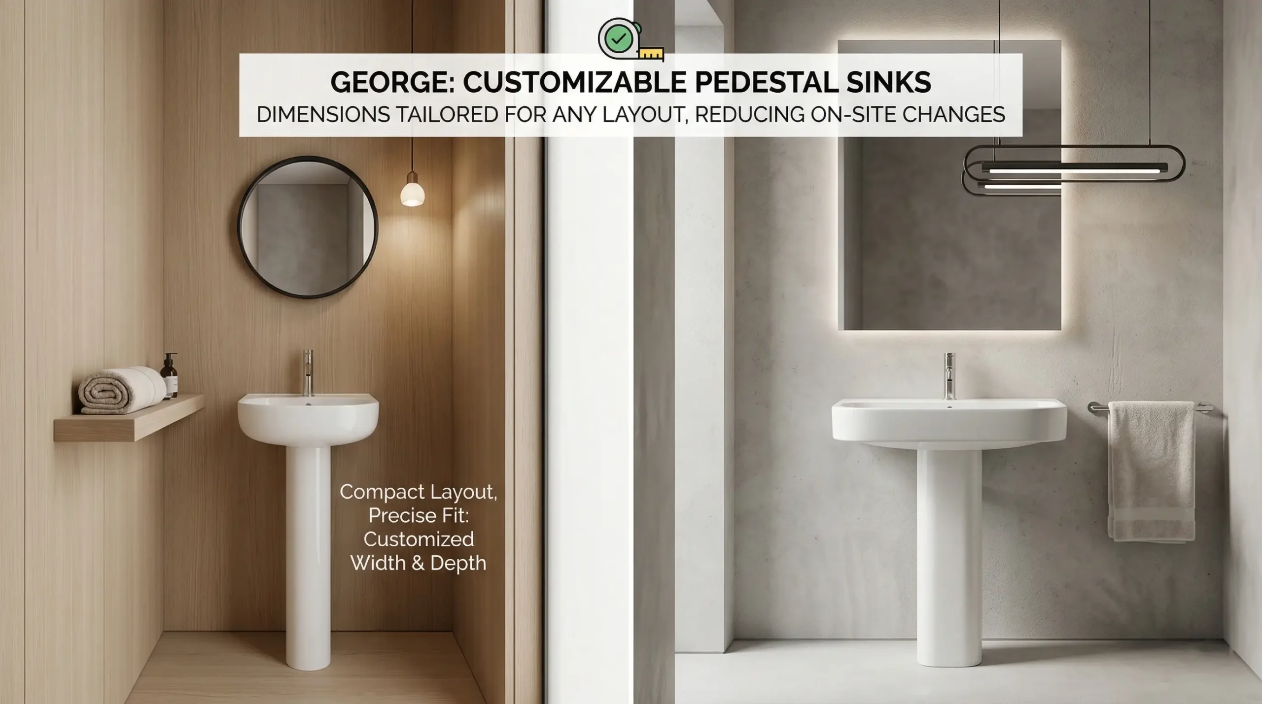 Custom dimension pedestal sinks manufactured for small guest bathrooms and standard hotel layouts
