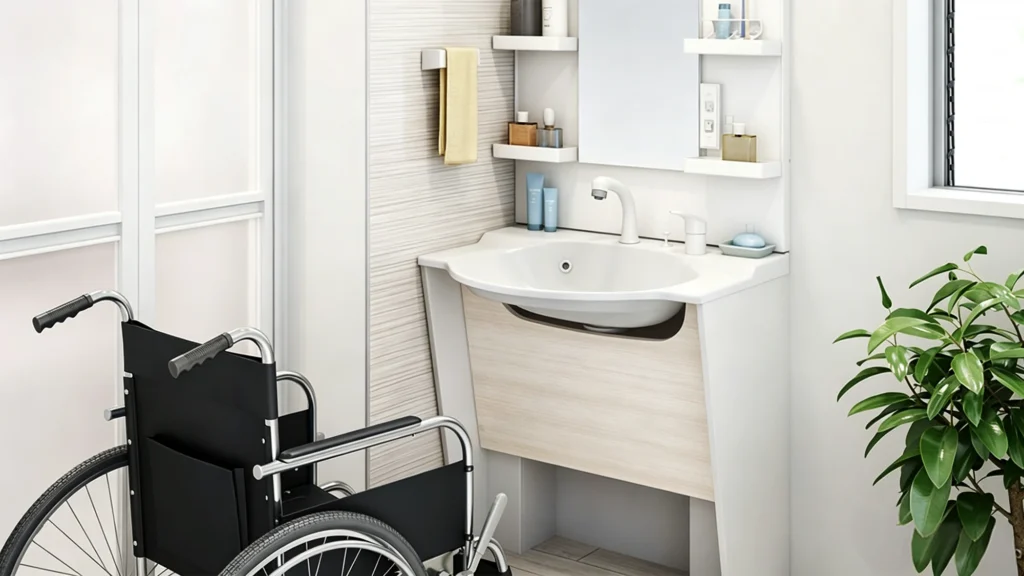 ADA-compliant white hotel vanity with a light-wood front, showing critical curved knee clearance required for wheelchair accessibility.