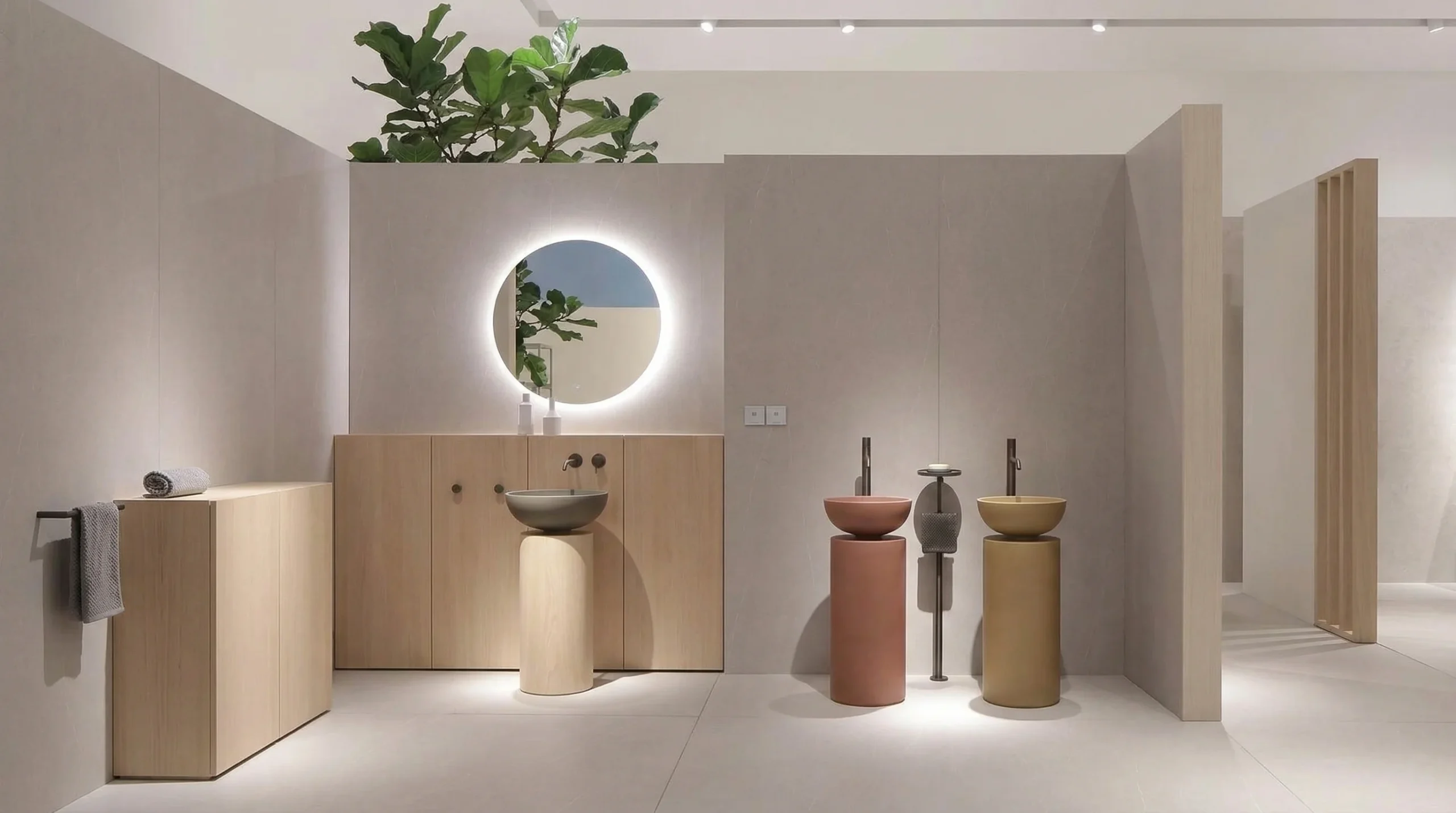 Various color options for modern pedestal sinks including white, gray, black, and gold finishes