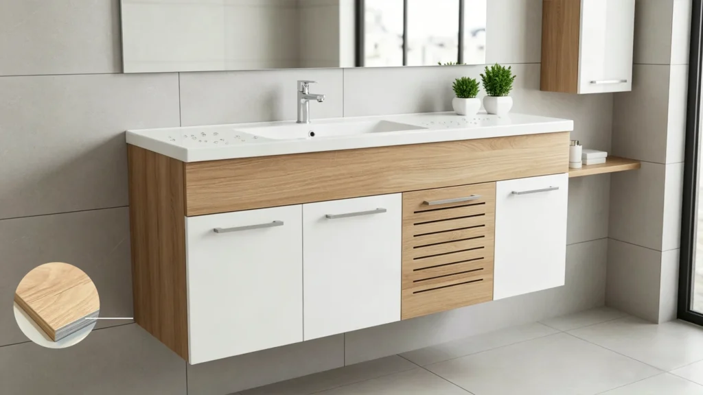 Modern floating hotel vanity with a close-up of PUR edge banding technology to prevent peeling and mold in guest rooms.