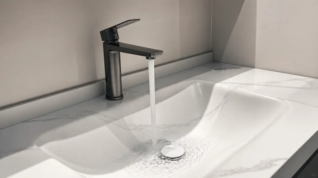 Seamless white marble quartz vanity with integrated sink and matte black faucet for mold-resistant hotel bathrooms.