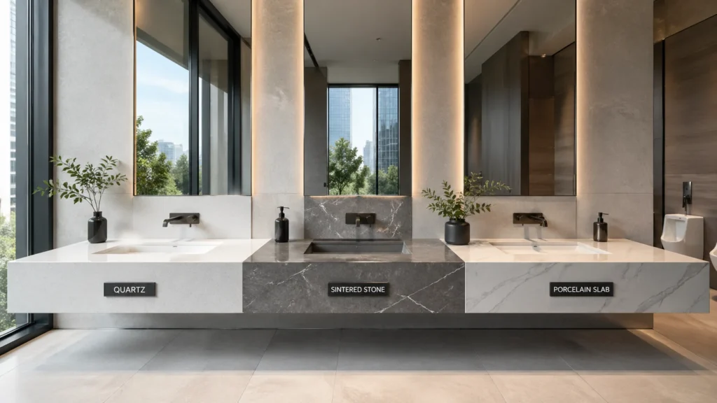 Commercial bathroom vanity comparison of quartz, sintered stone, and porcelain slab for hotel project durability.