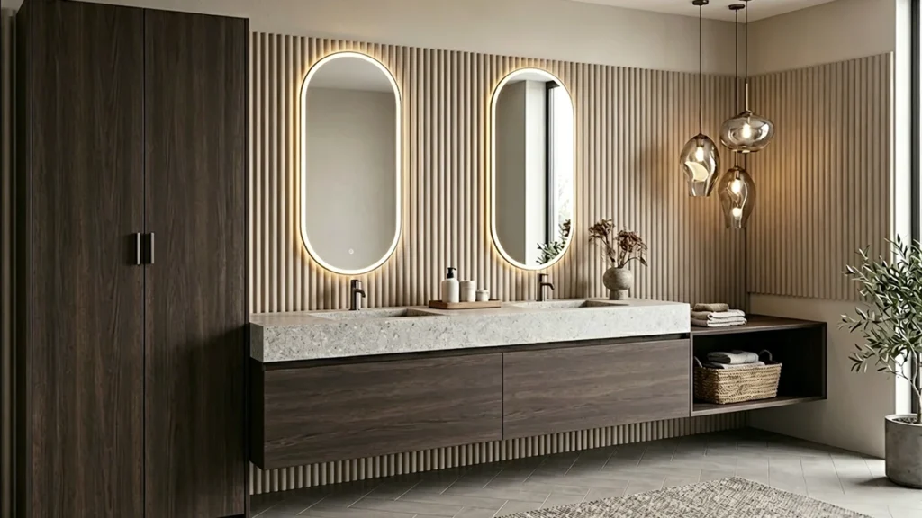 Floating dark wood hotel double vanity with terrazzo countertop and oval LED mirrors for durable, low-maintenance guest bathrooms.