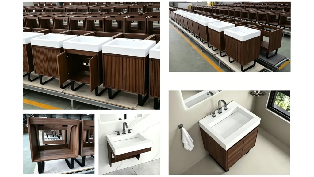 Massive production line of modern walnut fluted vanities with white basins, showcasing factory scale for hotel projects.