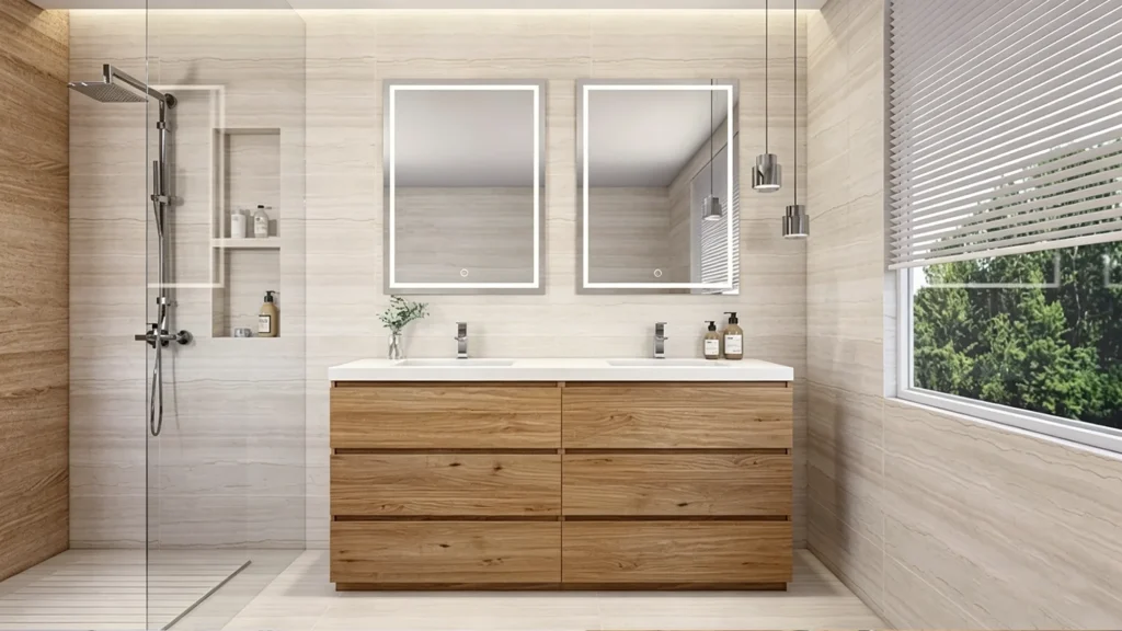 Modern double-sink wood grain hotel vanity with white top and LED mirrors, optimized for guest comfort and spatial balance.