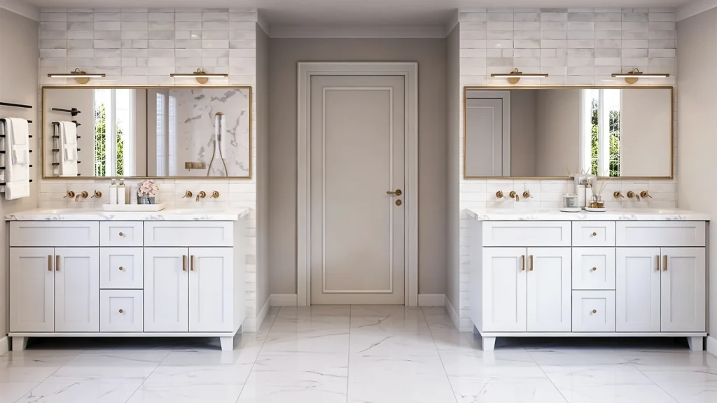 White shaker semi-custom hotel vanities with marble tops, showcasing durable and easy-to-install designs for standard guest rooms.