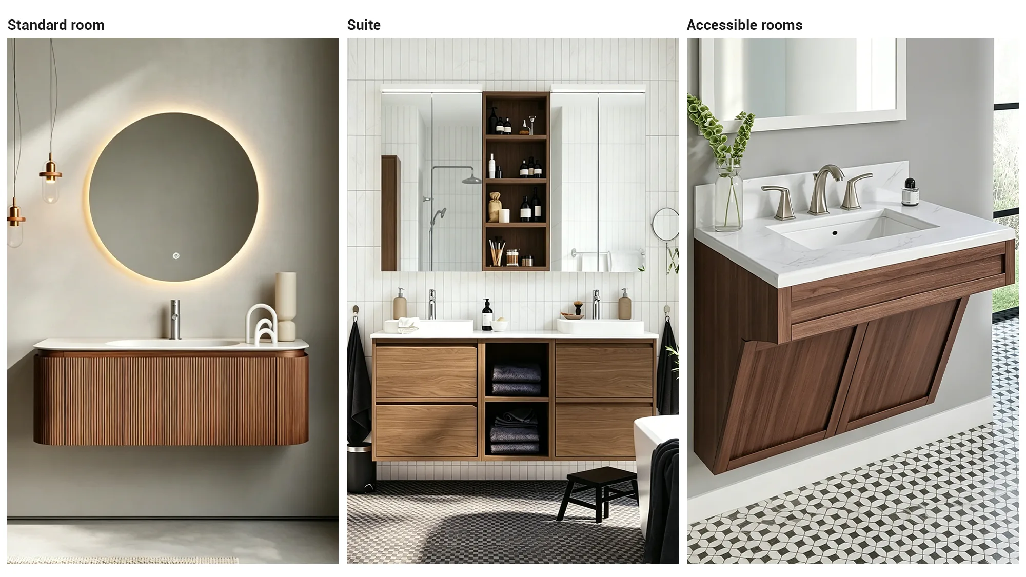 Comparison of hotel vanity designs for standard, suite, and ADA rooms with wood grain finishes for hospitality projects.