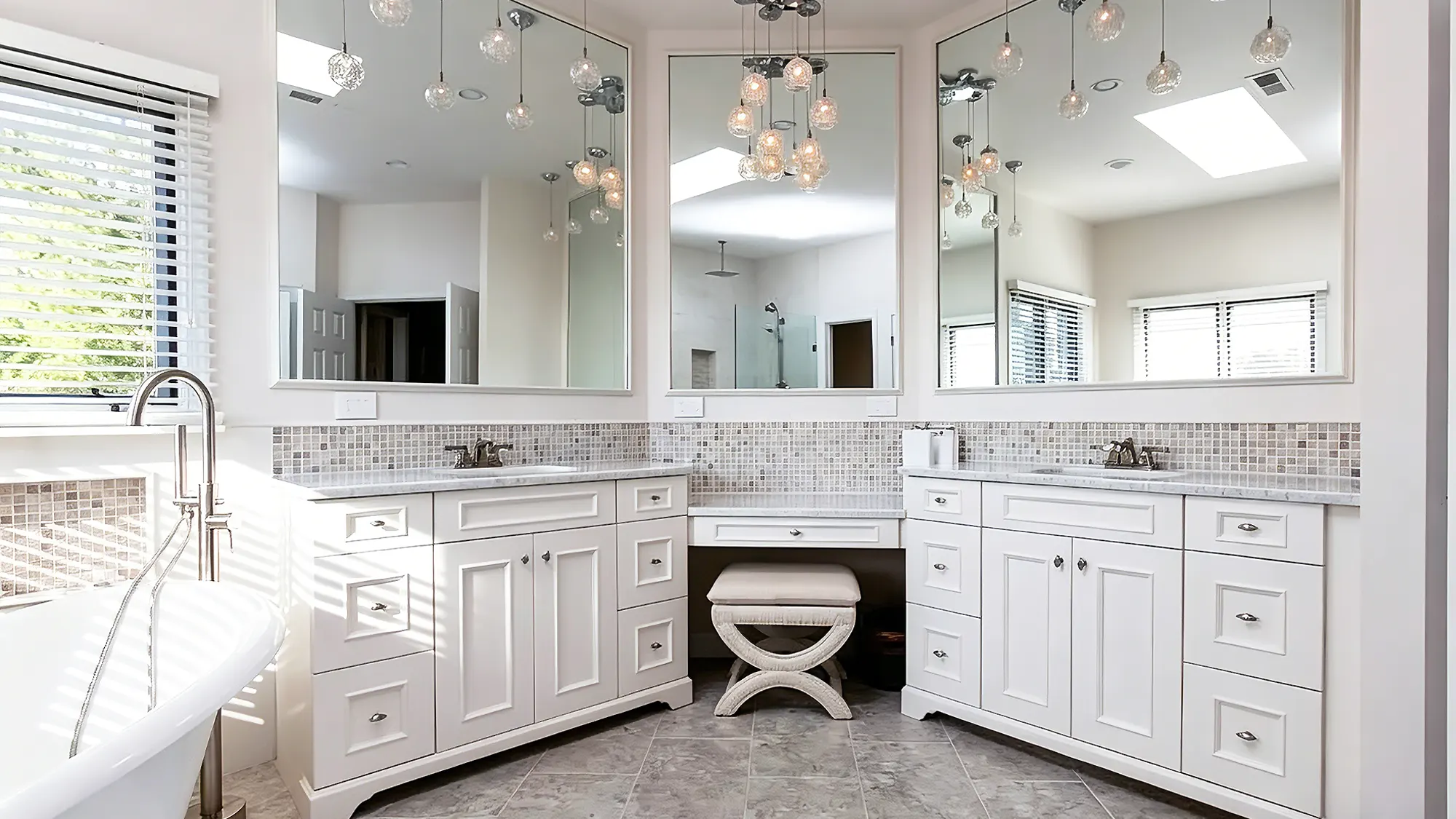 White custom corner bathroom vanity for luxury hotel suites, ensuring a perfect fit in odd layouts without using fillers.