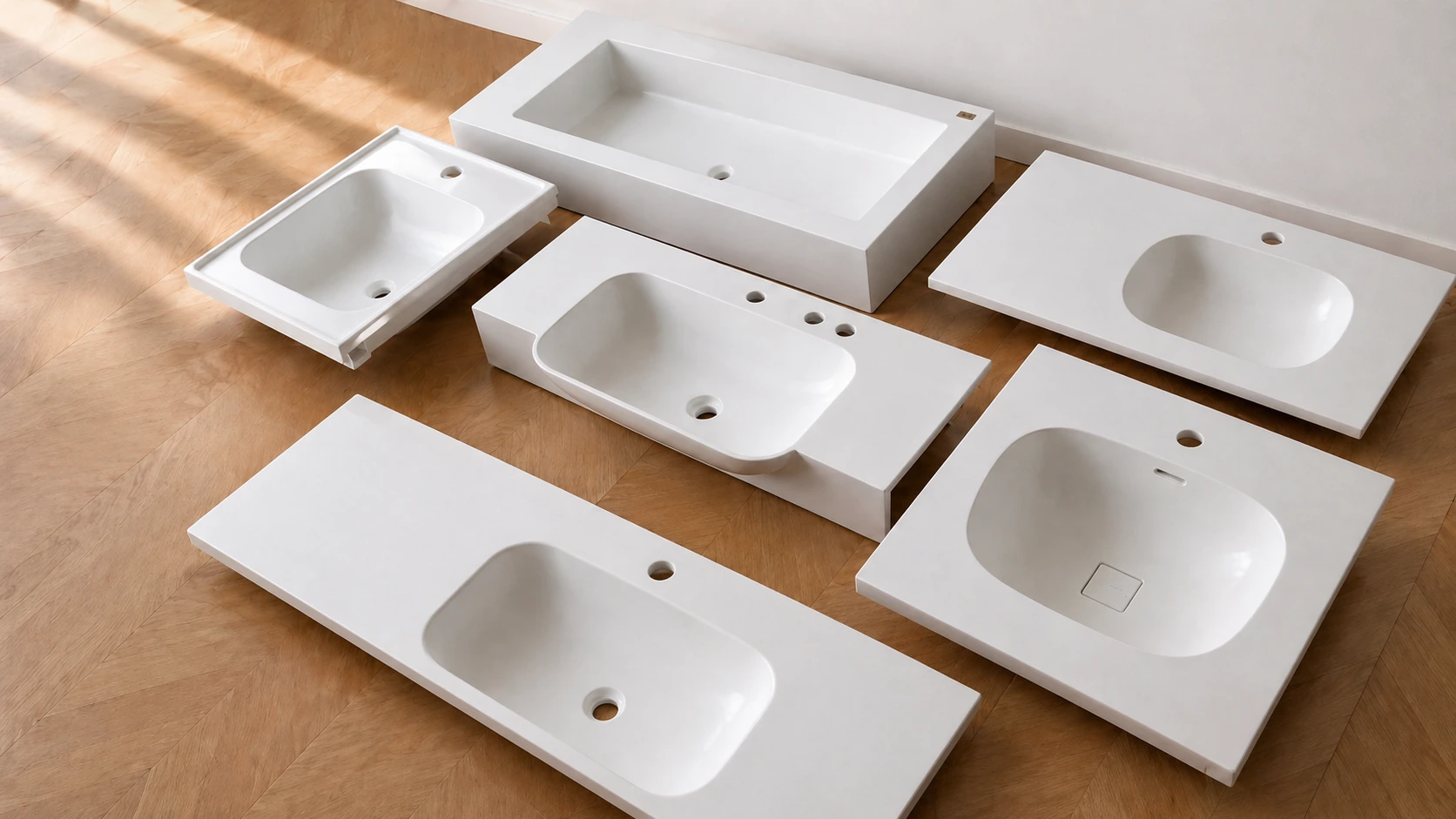 Variety of custom matte white solid surface vanities with integrated sinks and factory-drilled holes for professional hotel fit-outs.