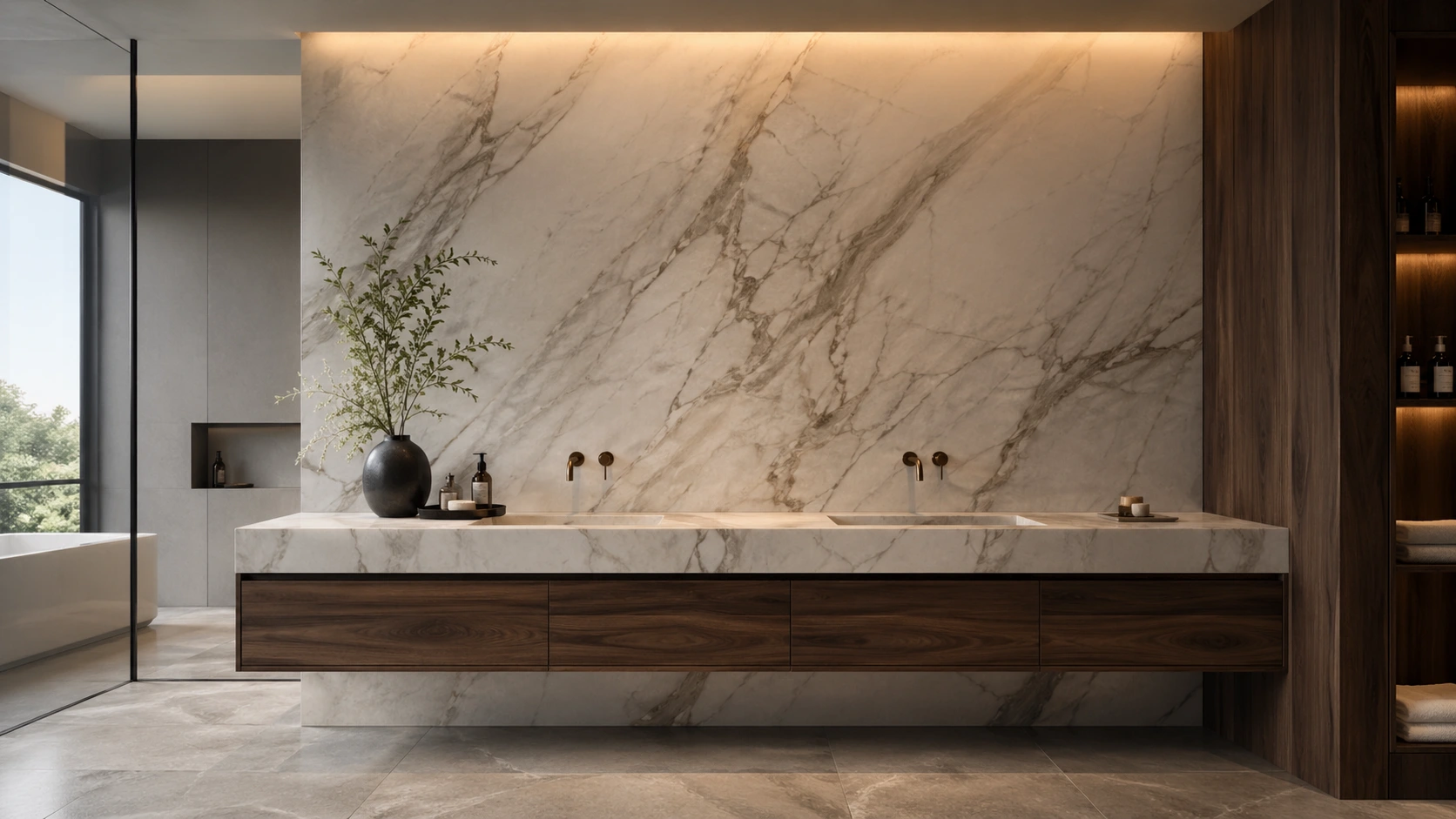 Luxury hotel double marble vanity with full-height backsplash and undermount sinks, highlighting high-end project specifications.