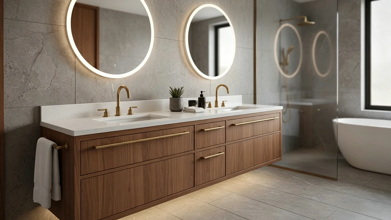Floating walnut hotel double vanity with brushed gold hardware, white countertop, and smart LED mirrors for 2026 luxury suites.