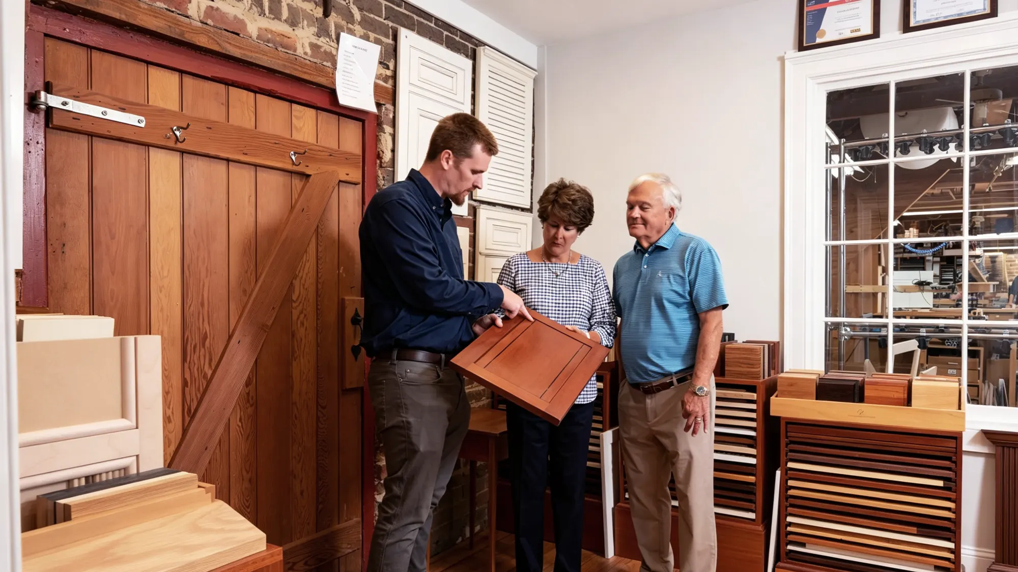Expert discussing wholesale wood vanity door samples and material quality with B2B clients for hotel renovation projects.