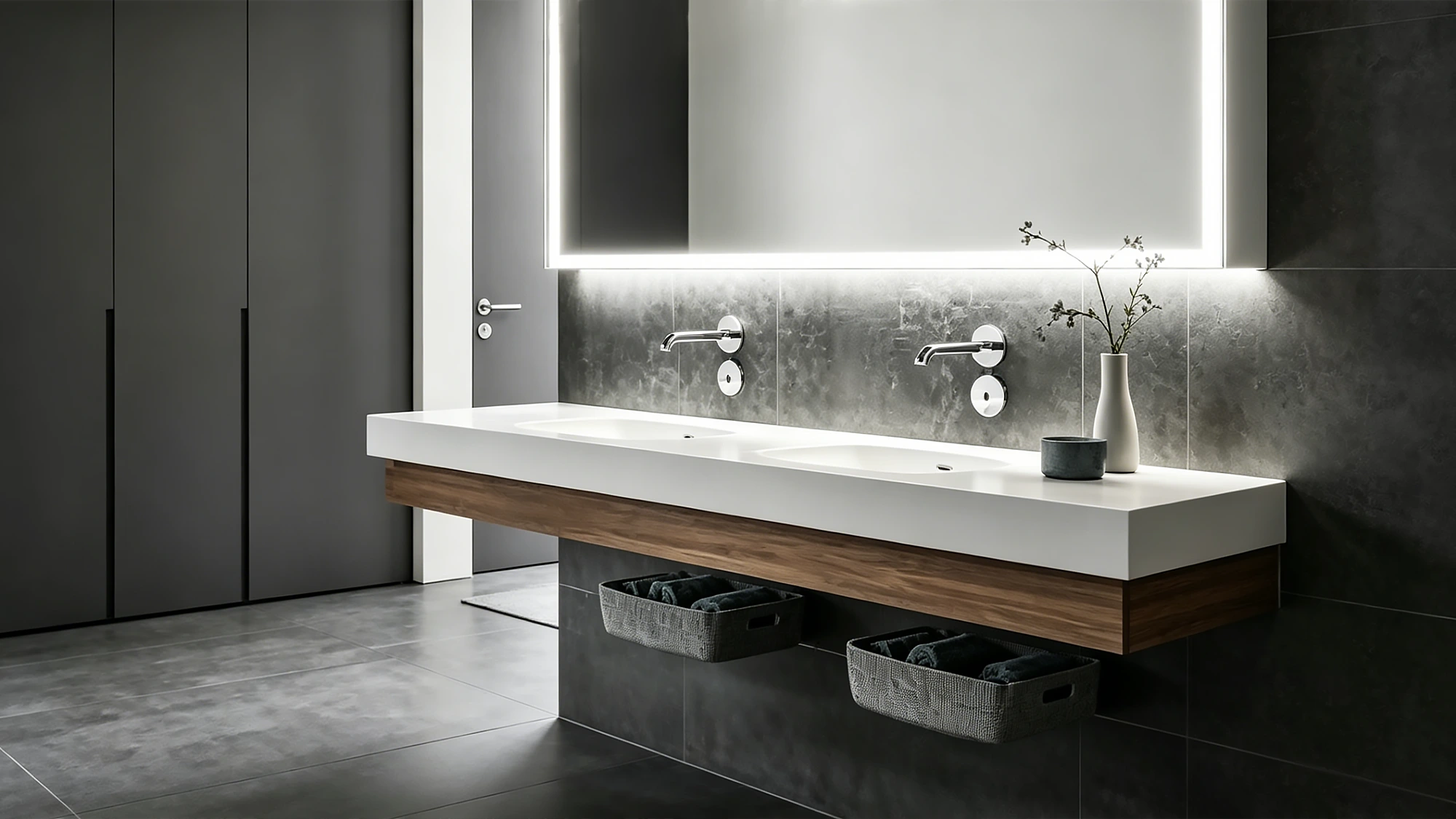 Floating double hotel vanity with white quartz top and walnut trim, showcasing the open knee clearance for ADA compliance.