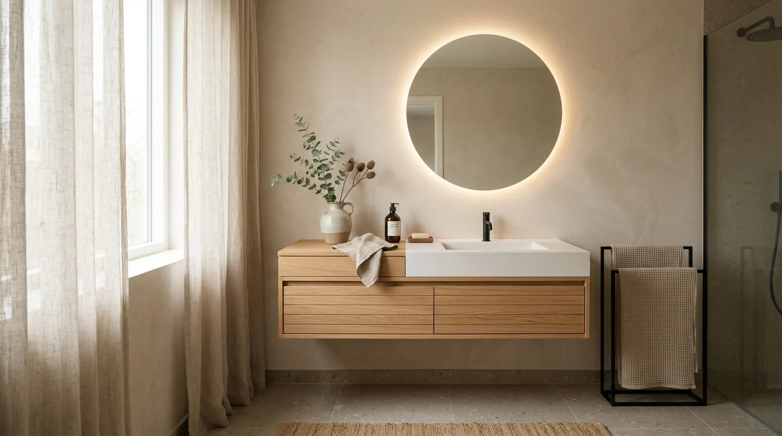 Space-Maximizing Floating Modern Bathroom Vanities for Compact Hotel Suites