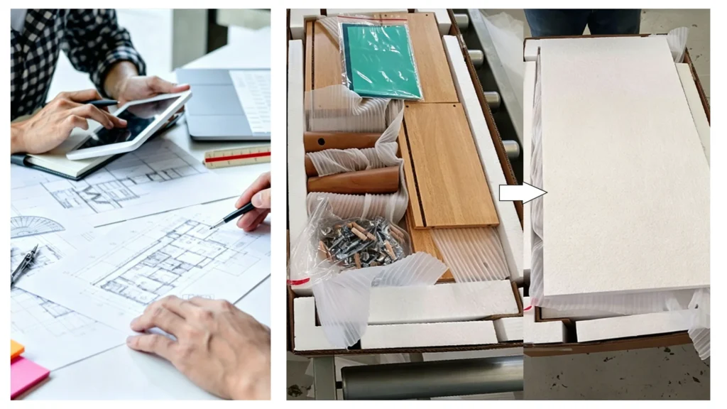Project managers reviewing blueprints and secure foam-protected vanity packaging to ensure damage-free delivery for hotels.