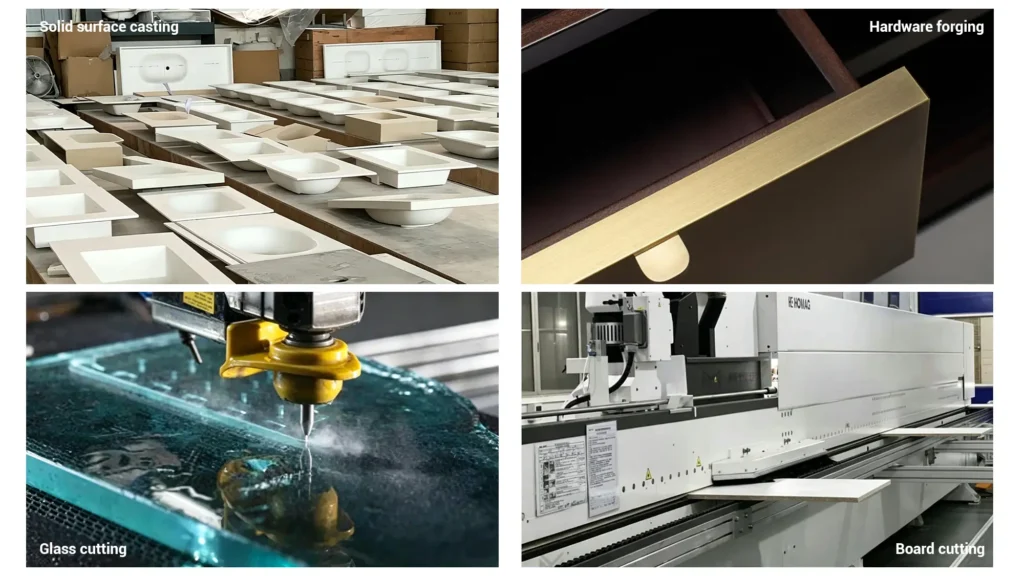 Foshan hotel vanity manufacturing collage showing solid surface casting, hardware forging, glass cutting, and board cutting.