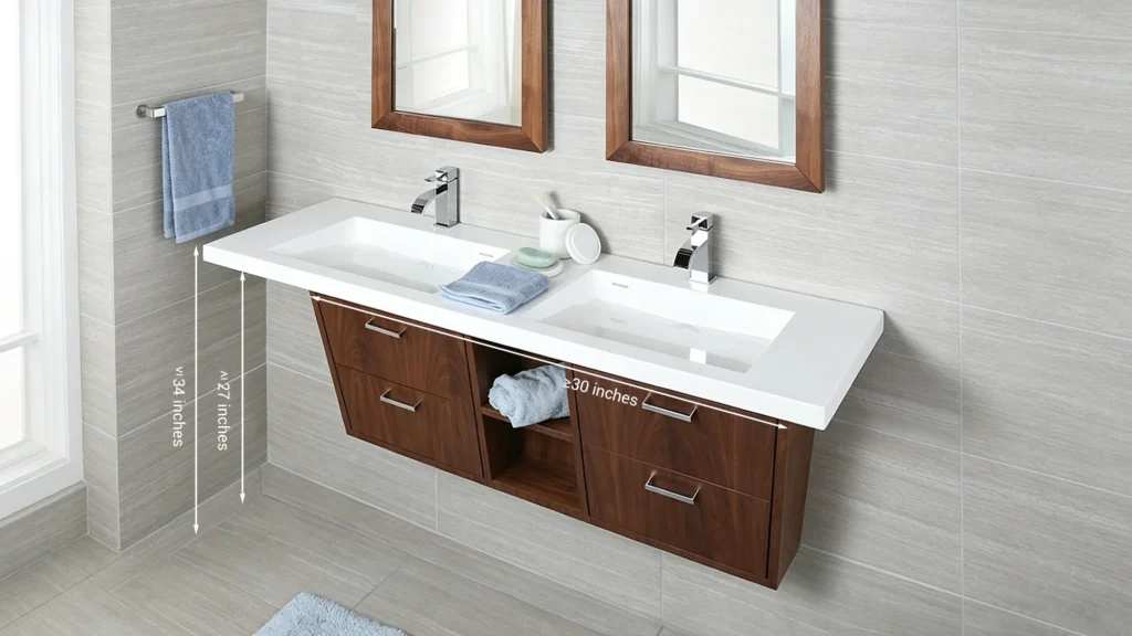 ADA compliant wood grain double-sink vanity with 34" height and 27" knee clearance for hotel project accessibility.