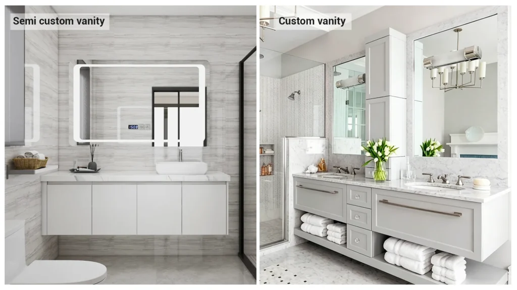 Comparison of white semi-custom floating vanity vs. gray custom double vanity with marble tops for hotel room programs.