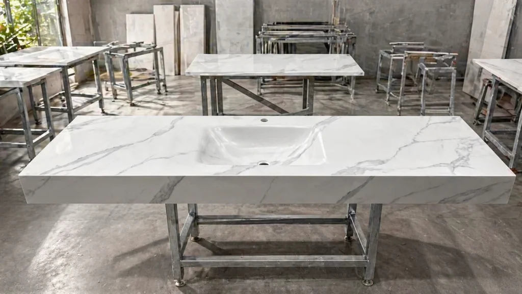 Bulk white marble quartz vanities with integrated sinks in a factory, ensuring batch consistency for large-scale hotel projects.