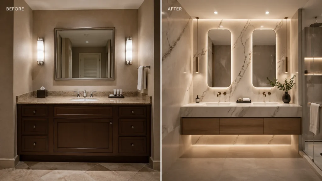 Before and after hotel renovation: traditional vanity replaced with a modern floating white marble double vanity system.