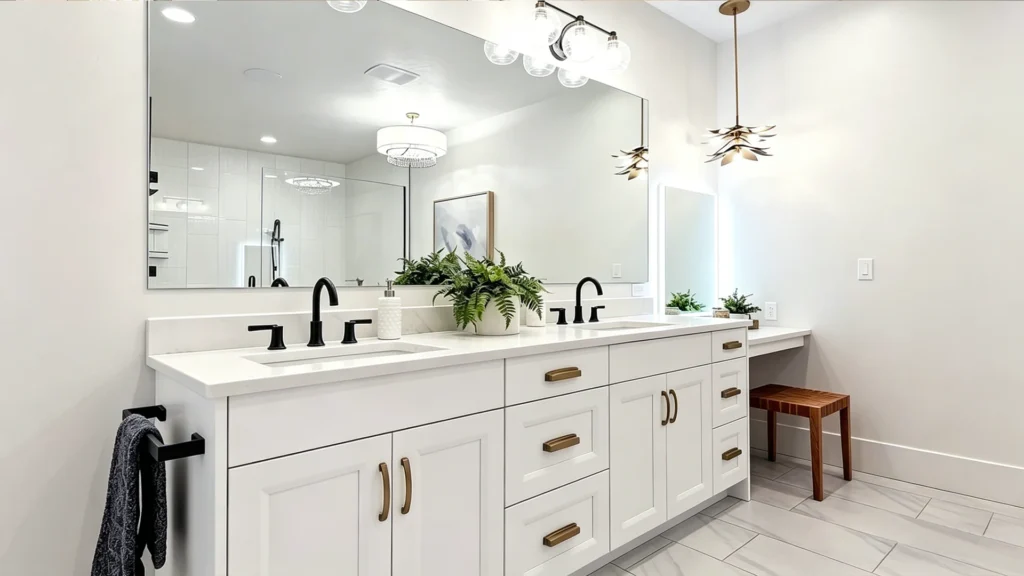 White double hotel vanity with black faucets and makeup desk, featuring a commercial-grade moisture-resistant white finish.