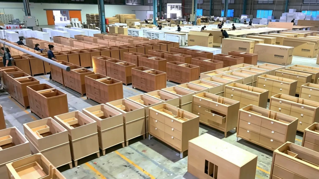 Mass production of light oak bathroom vanities in a factory, ensuring batch color consistency for luxury hotel projects.
