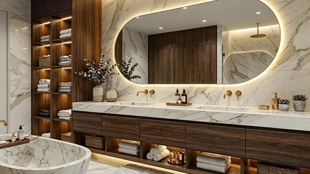 Dark wood hotel double vanity with marble countertop and a large stadium LED mirror for high-end luxury resort suites.