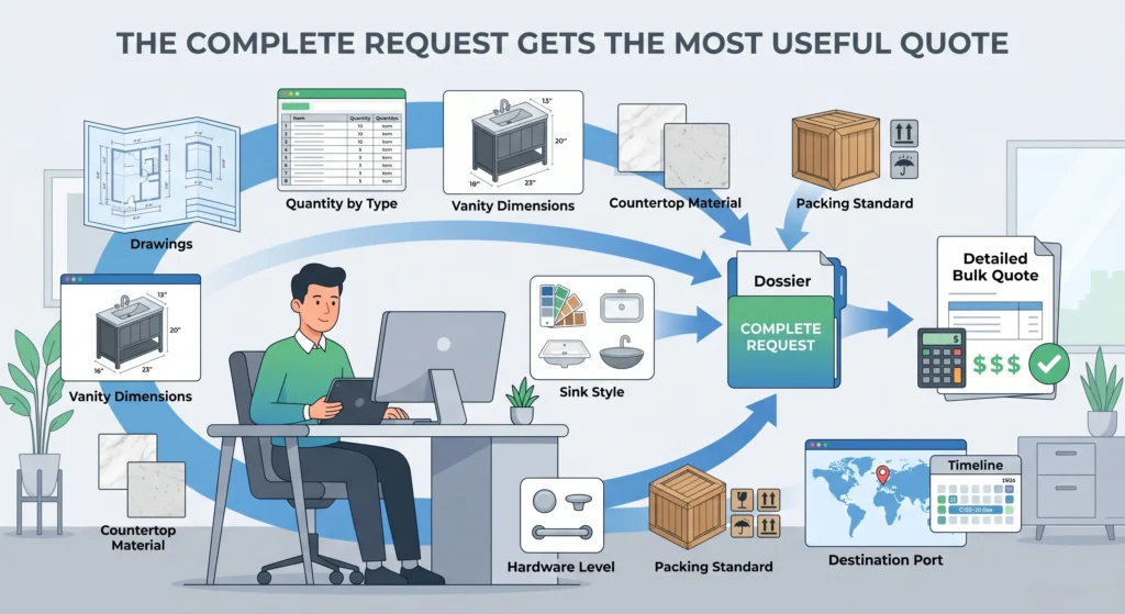 Infographic illustrating how a complete request with detailed specs leads to an accurate bulk hotel vanity quote.