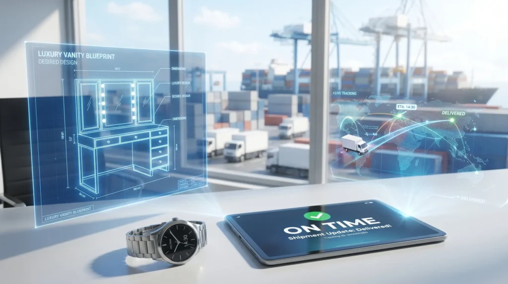 Tablet tracking on-time delivery for luxury vanity blueprints to ensure hotel construction project schedules stay on track.