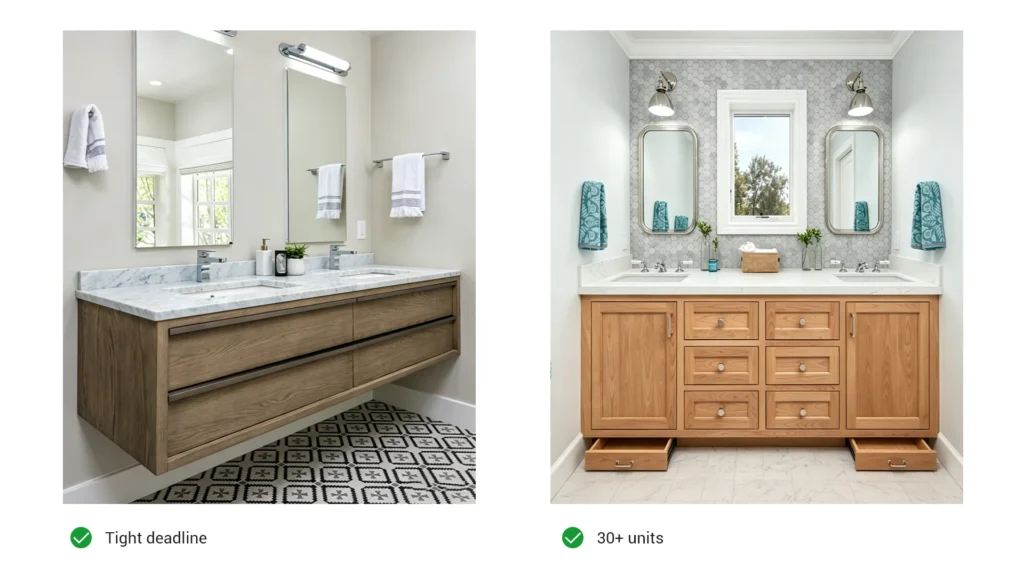 Floating light wood vanity for tight deadlines vs. floor-standing custom wood vanity for large 30+ unit hotel projects.