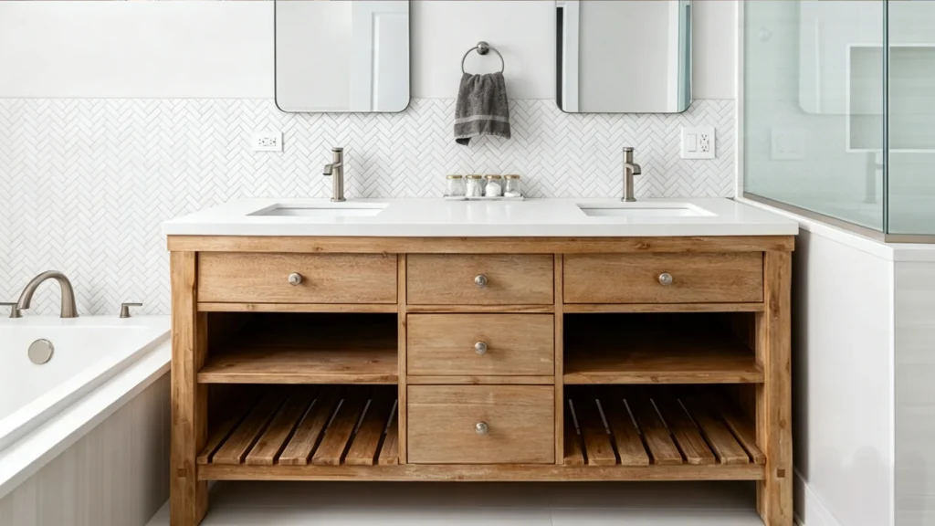 Rustic oak double vanity with white quartz top and slatted open storage, designed for a premium feel in hotel guest suites.