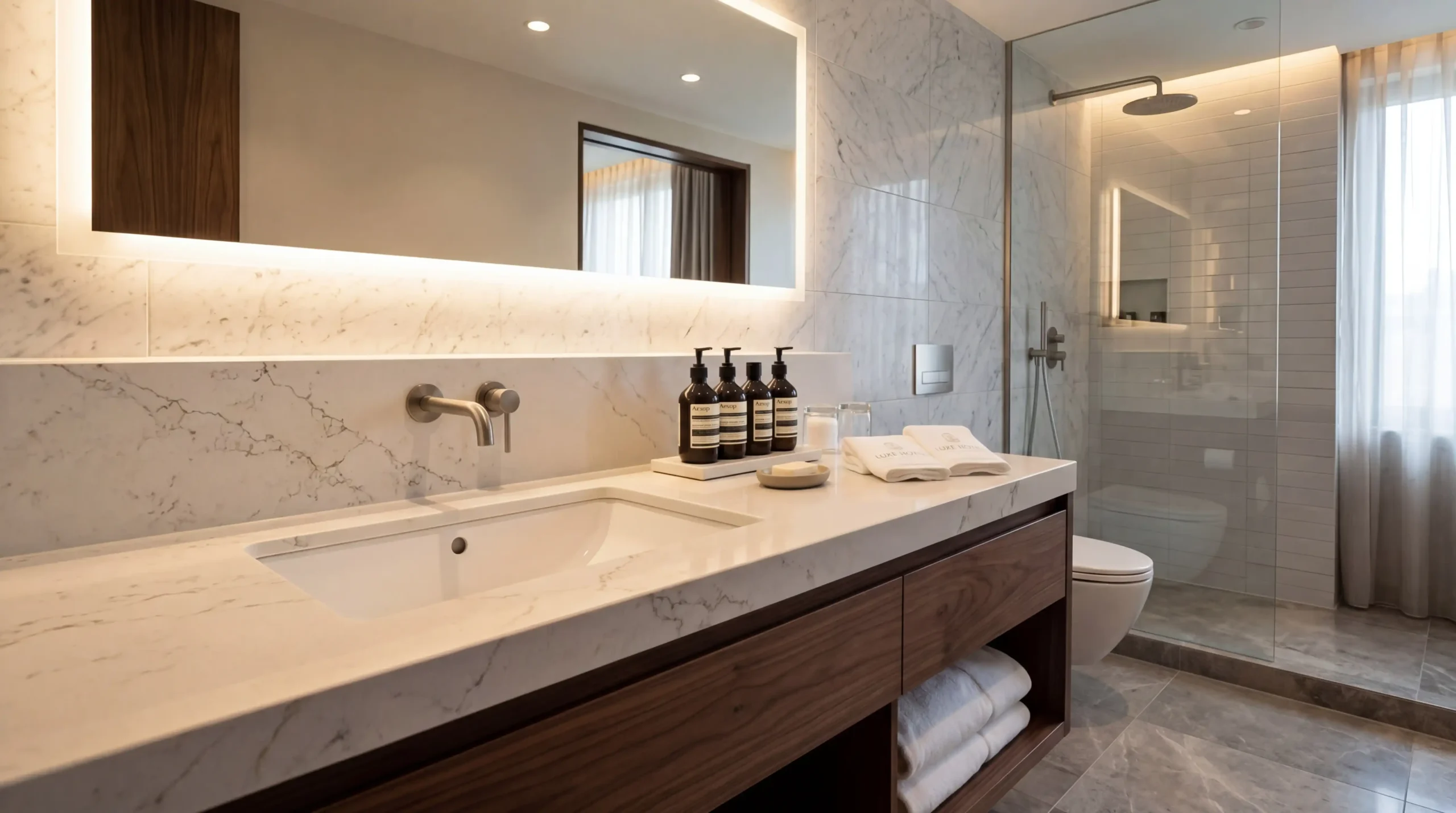 High-density quartz vanity countertops with cUPC certified undermount sinks for luxury hotel suites