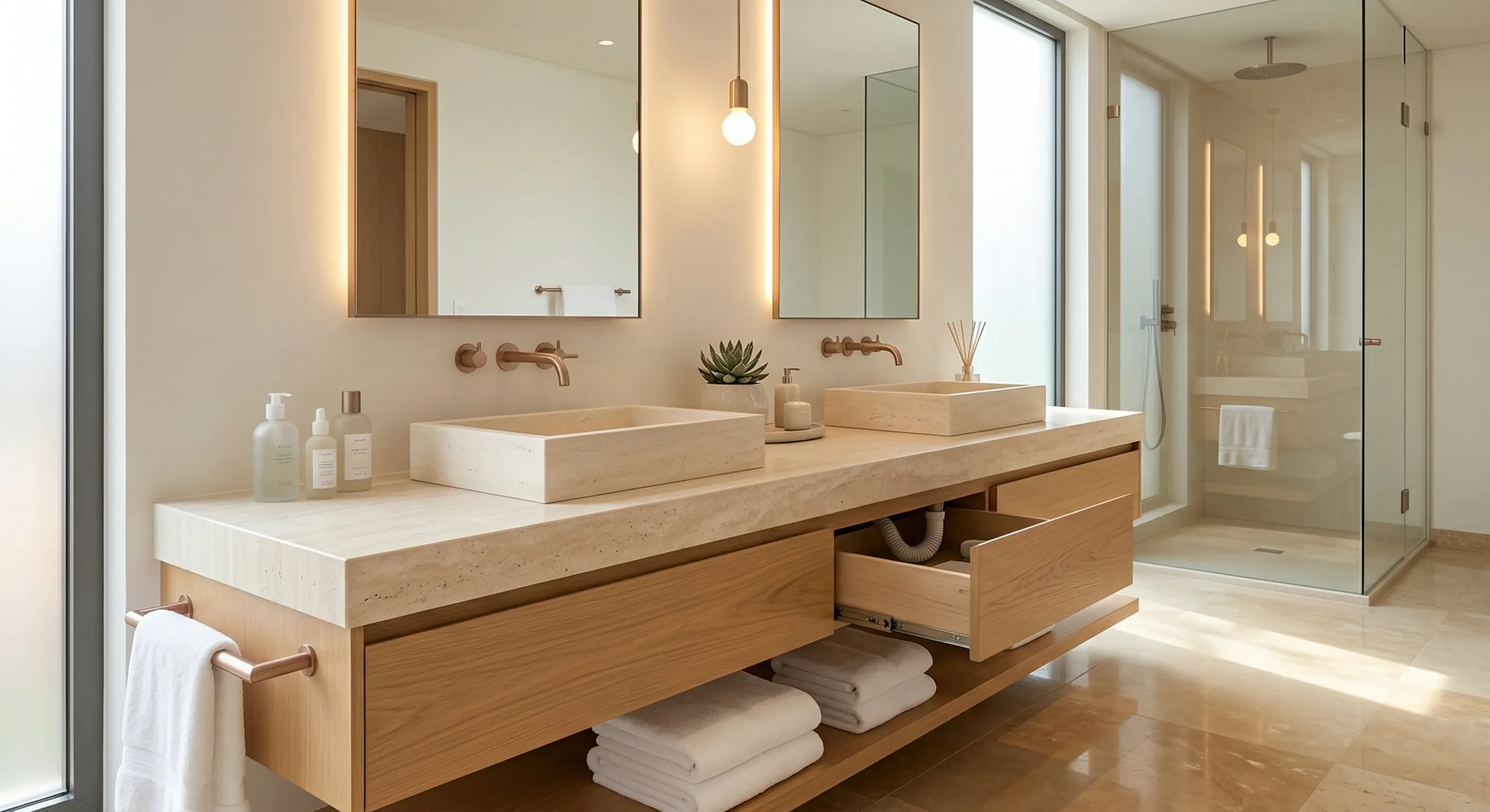 Luxury double sink hotel vanity for presidential suites and premium room configurations