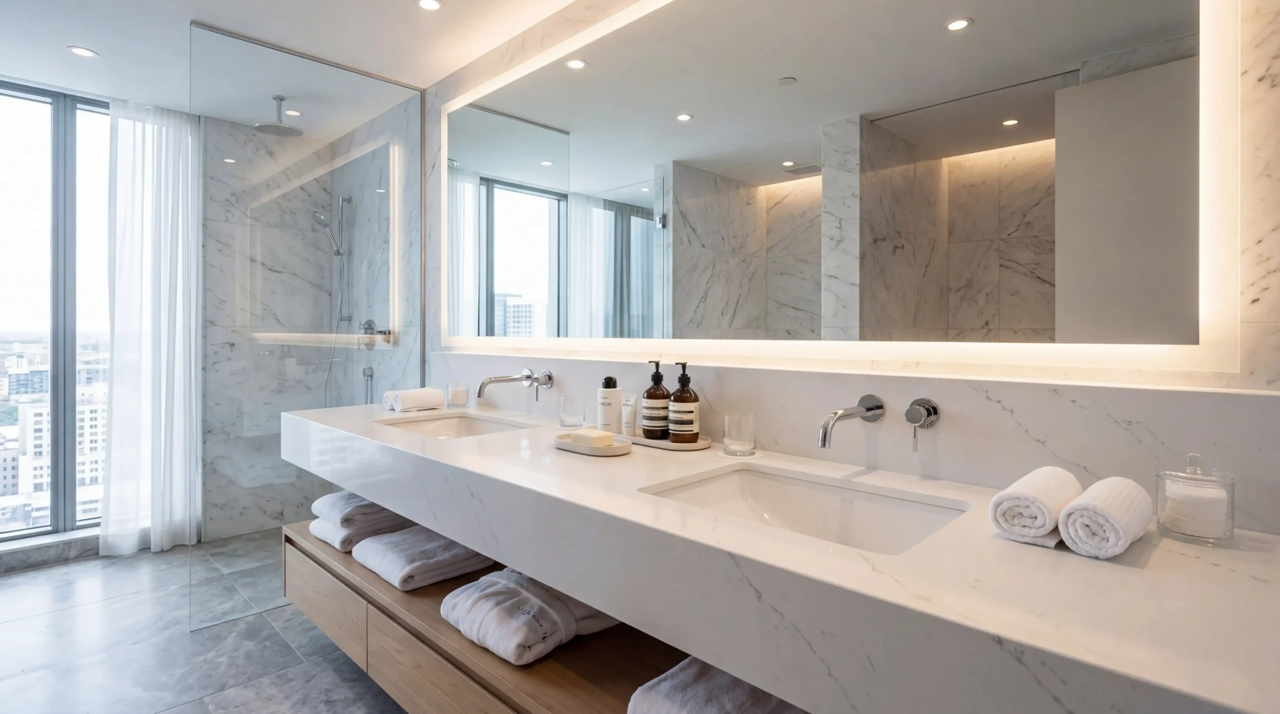 Matte sintered stone vanity tops paired with designer vessel basins for boutique resorts and presidential suites