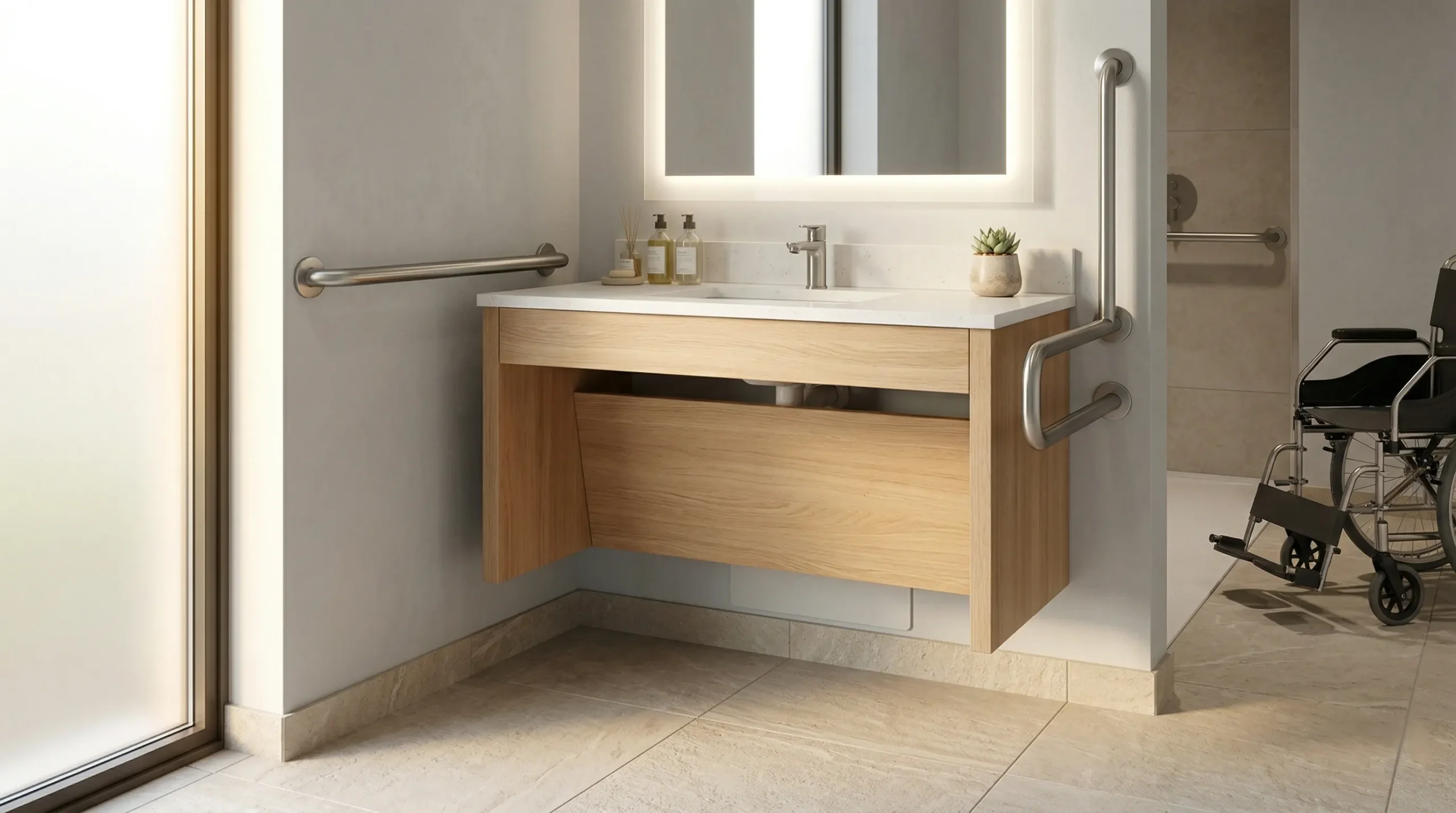 ADA compliant hotel bathroom vanity design with optimal knee clearance and accessibility