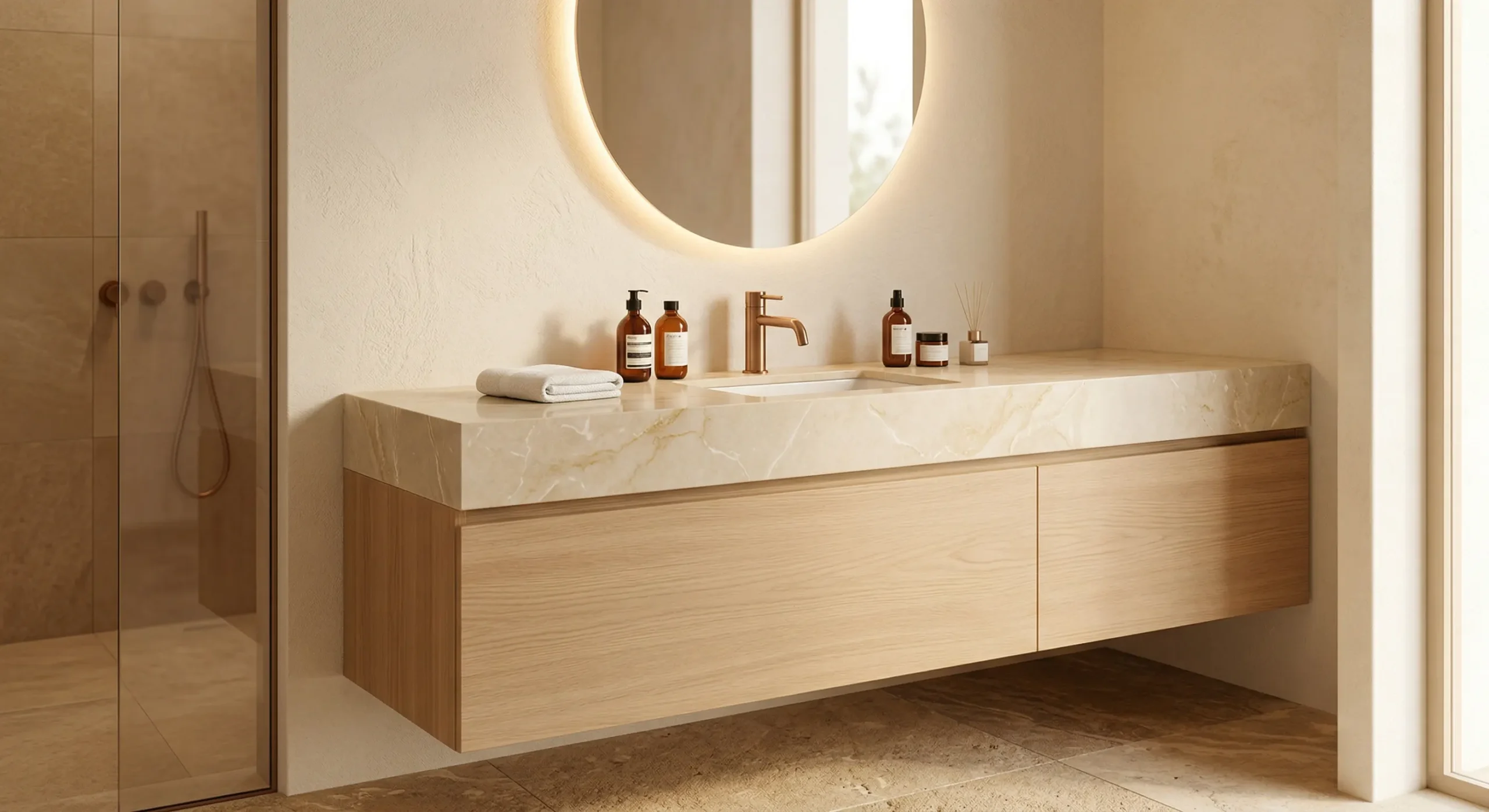 Modern hotel bathroom countertop design featuring contemporary aesthetics