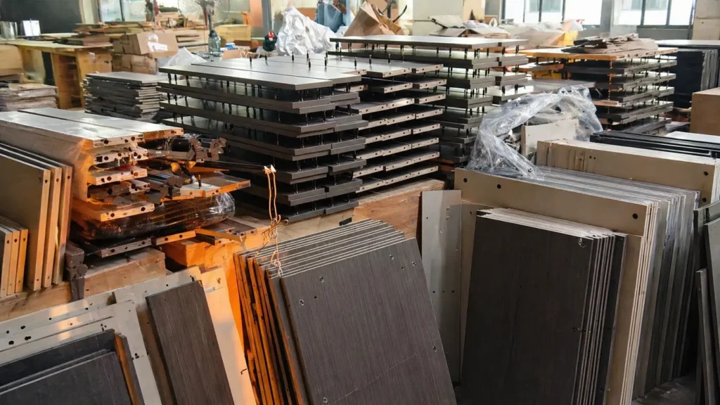 Stacked dark wood-grain vanity panels in a factory, ready for bulk hotel assembly to meet strict project deadlines.