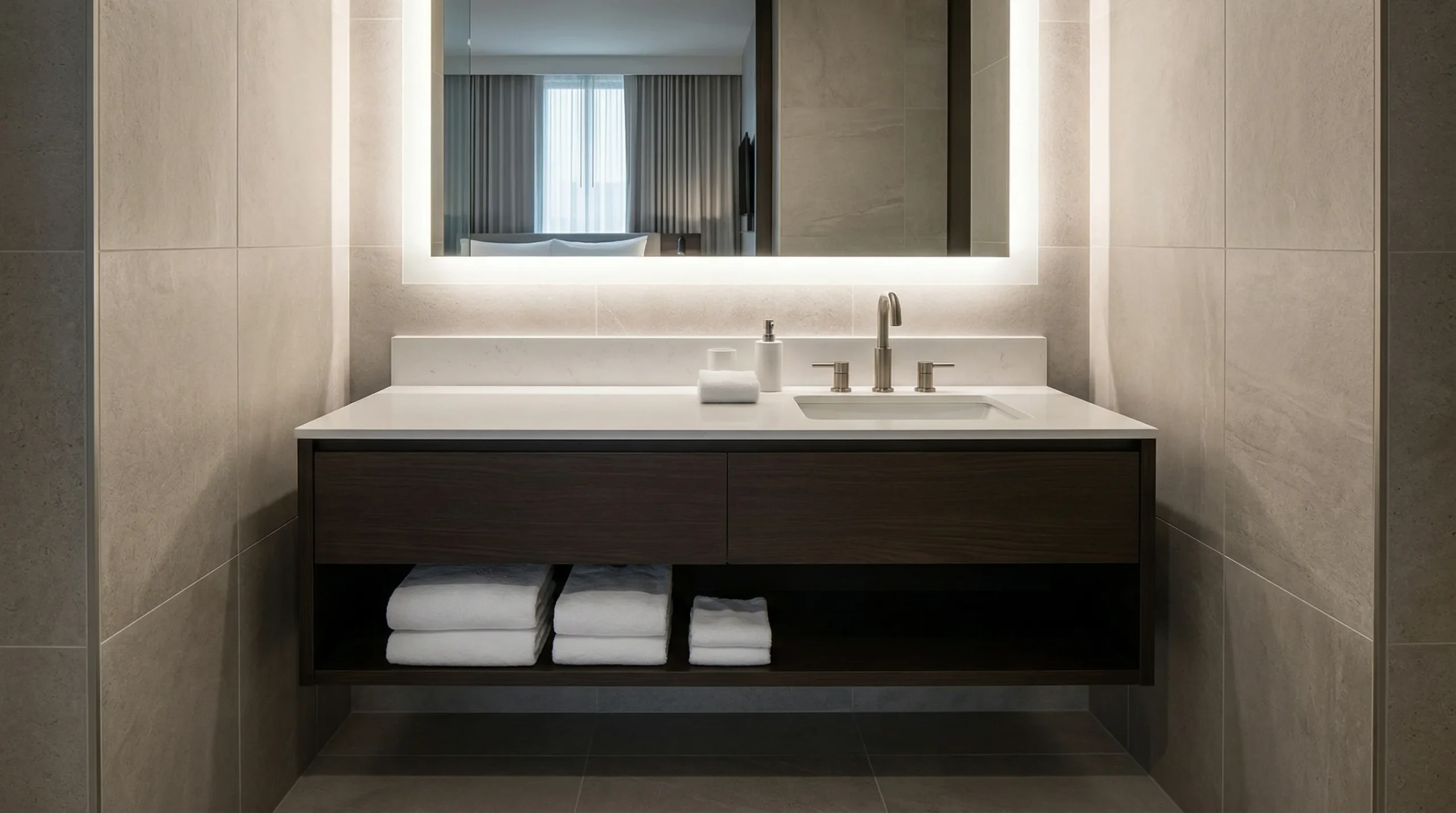 Commercial Grade Floating American Bathroom Vanity for Hotel Guestrooms by George