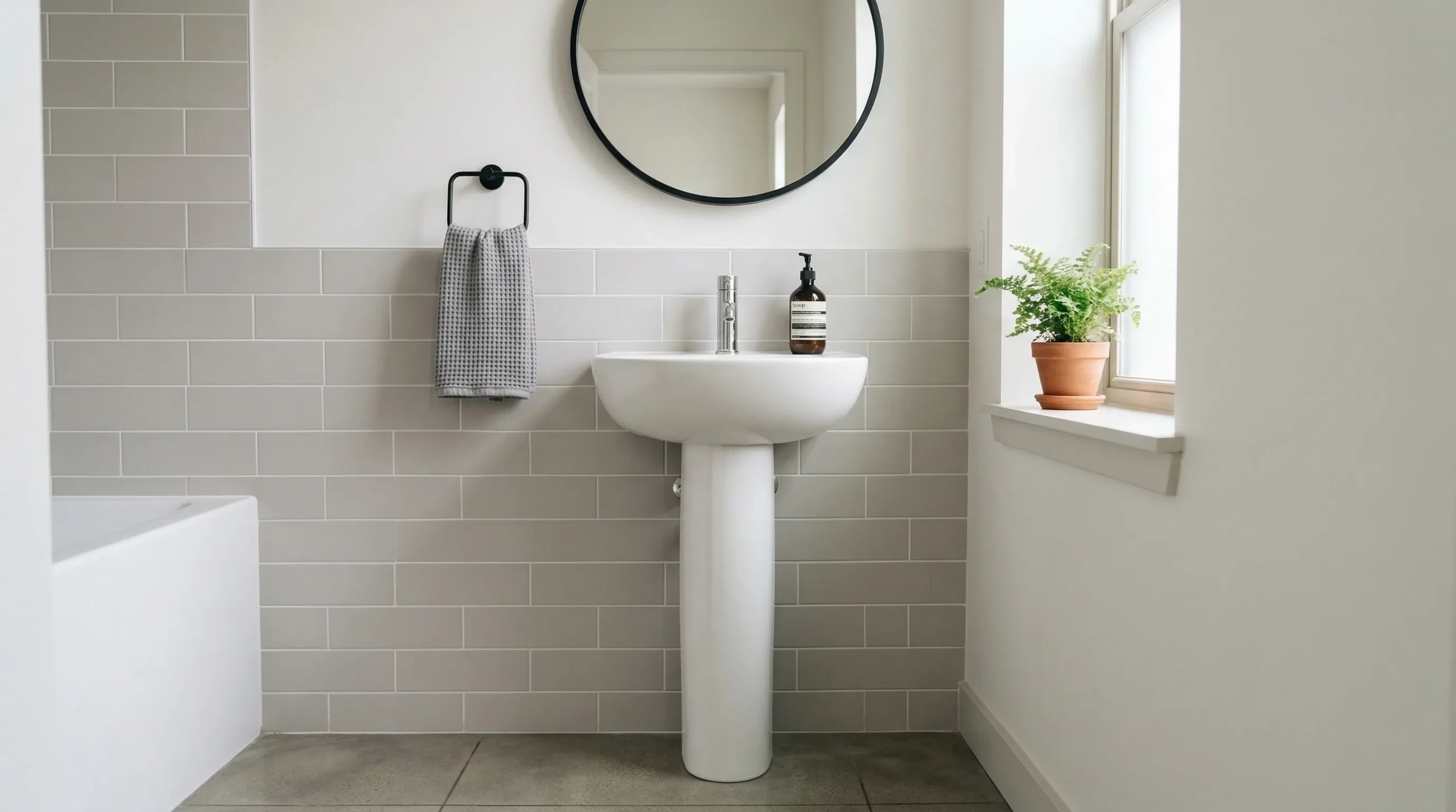 Space-saving minimalist pedestal sink for urban apartment and condo developments
