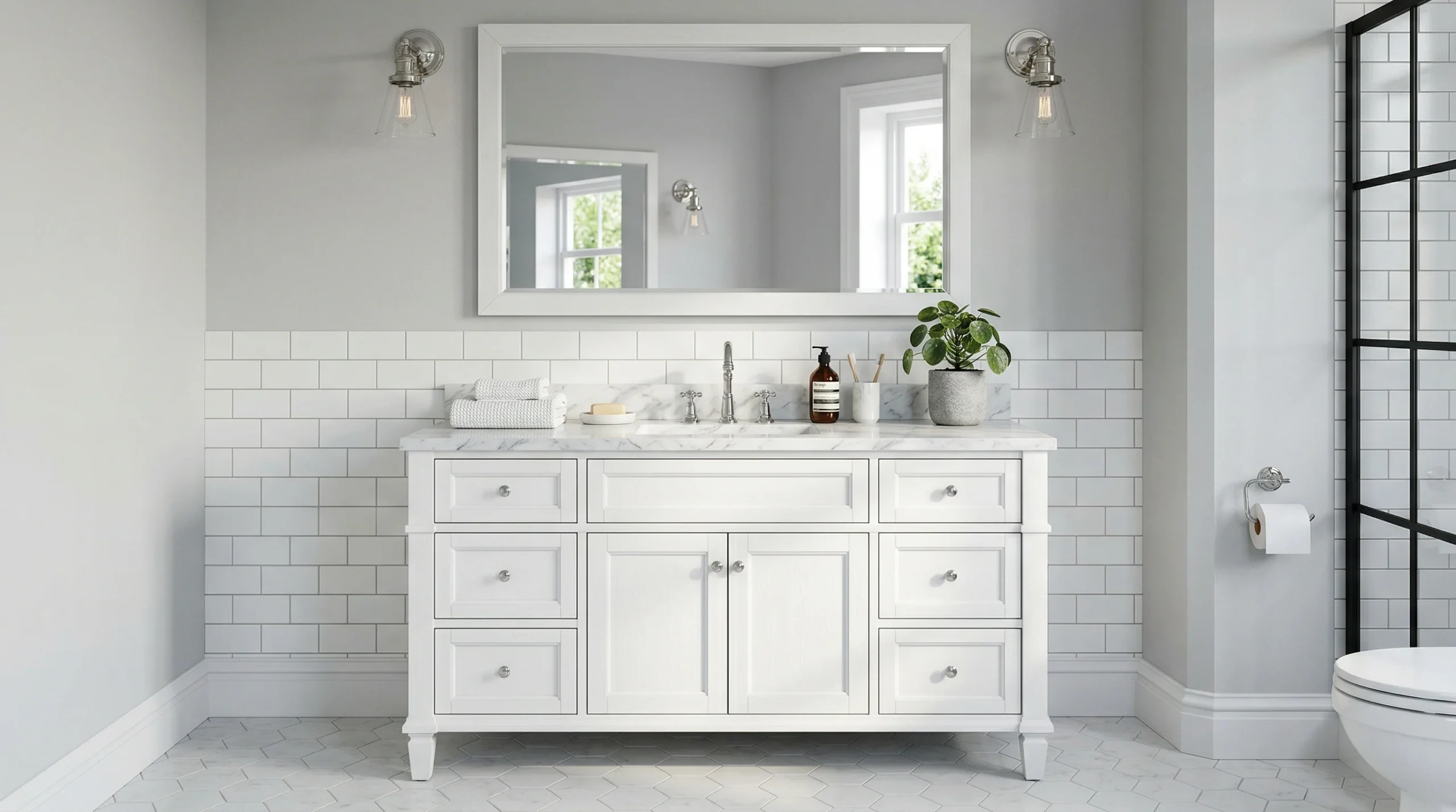 Freestanding American Bathroom Vanity with Carrara Marble Top for Apartments