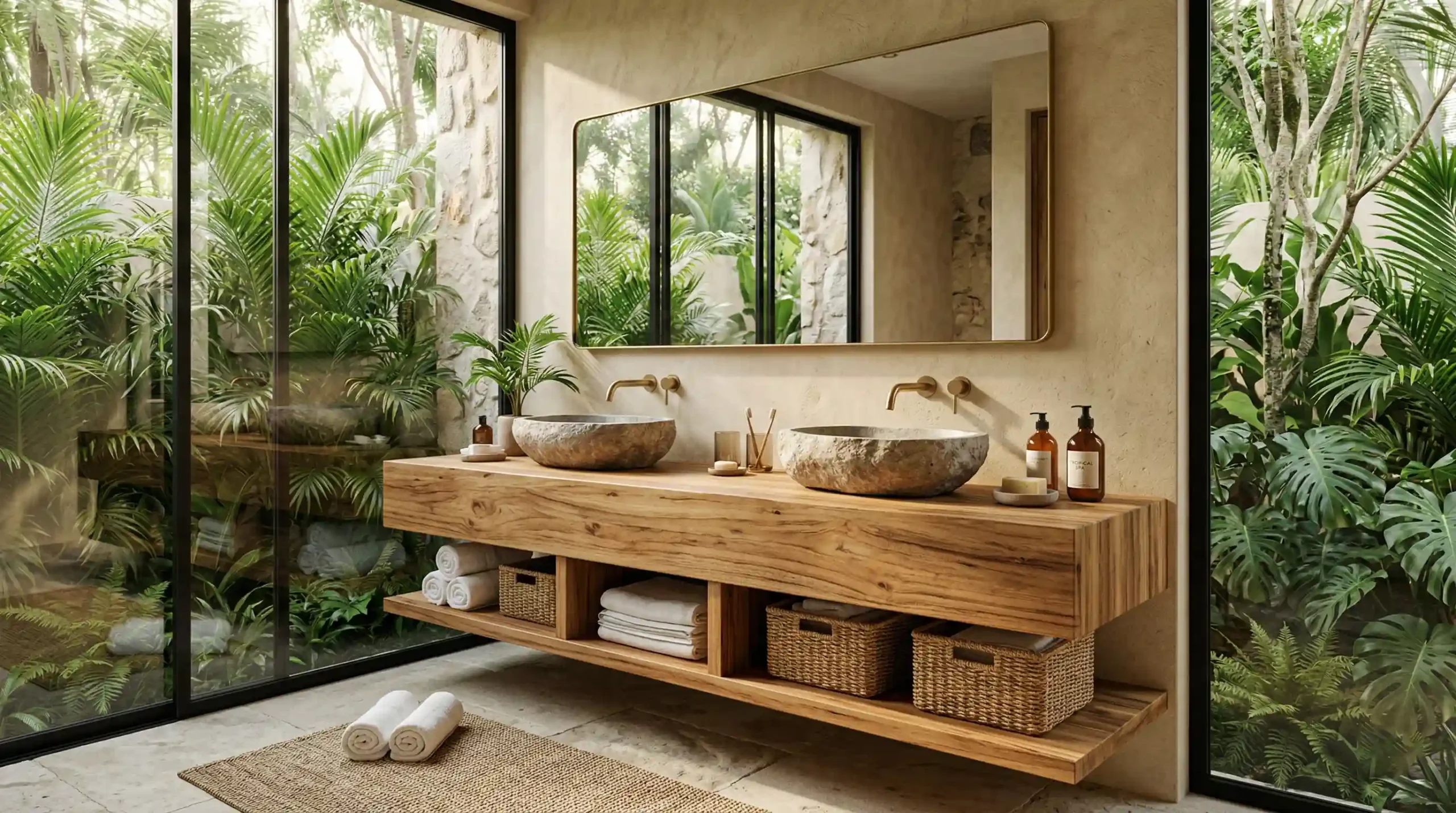 Tropical Style Resort / Villa Floating Vanity with Open Shelving