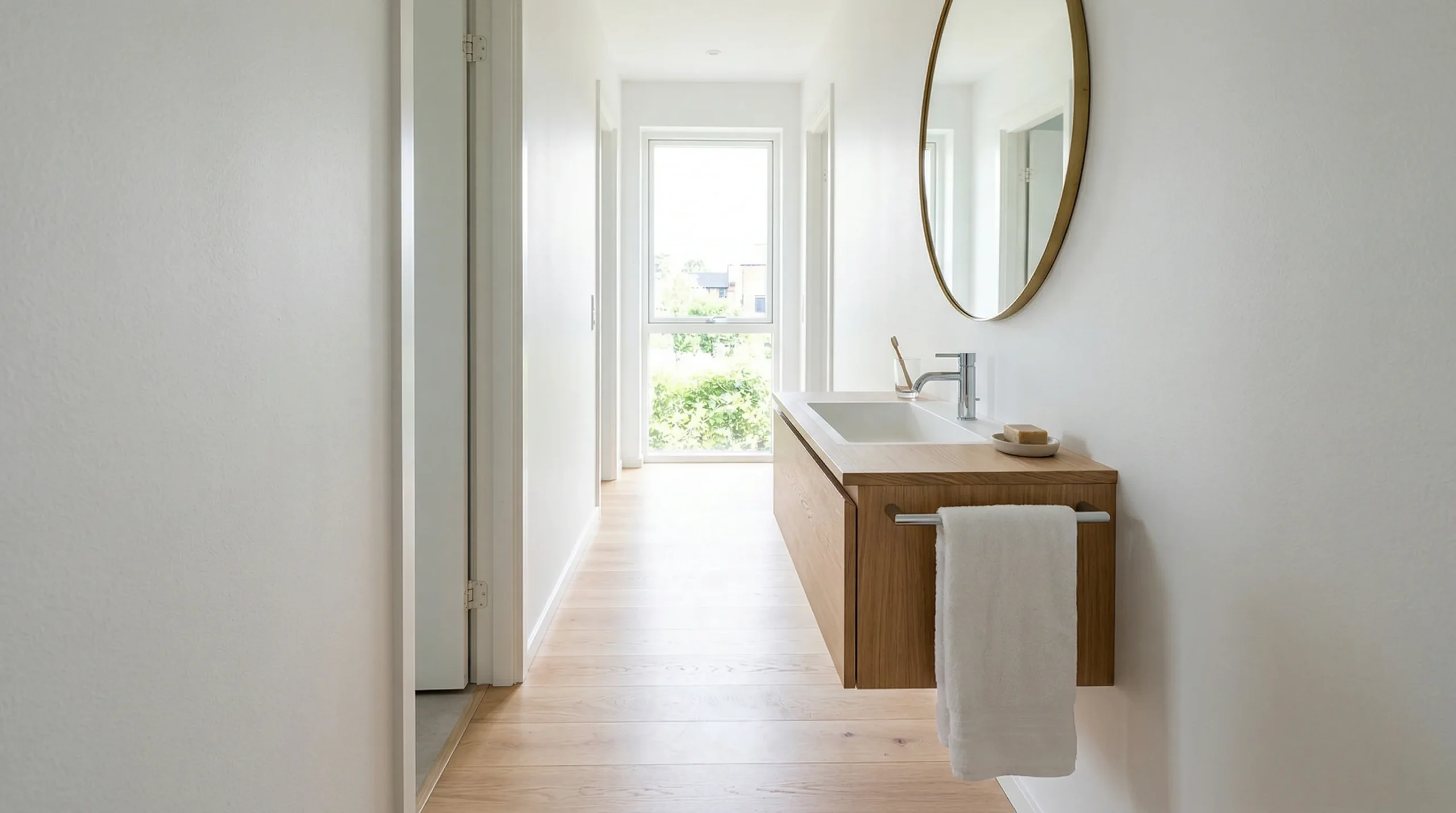 Custom Depth Floating Bathroom Vanity for Narrow Hallways