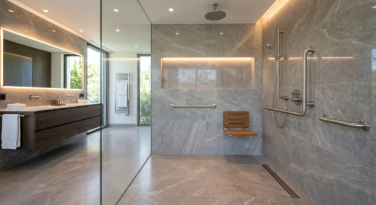 ADA compliant luxury villa shower with grab bar installation in modern bathroom design
