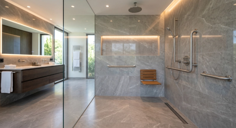 ADA compliant luxury villa shower with grab bar installation in modern bathroom design