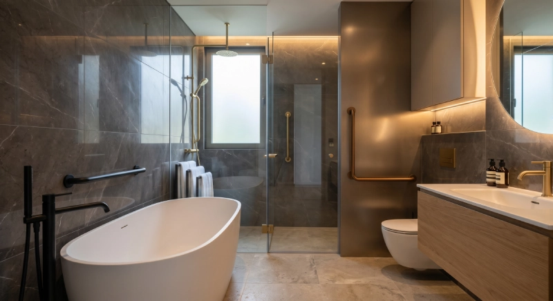 ADA grab bar finishes matte black brushed gold bronze matching luxury bathroom design